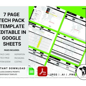 Puede incluir: Una plantilla digital para un tech pack de 7 páginas, editable en Google Sheets. El diseño incluye páginas para fichas técnicas, páginas técnicas, POM & BOM, inspiración, embalaje y costes. Descarga instantánea.
