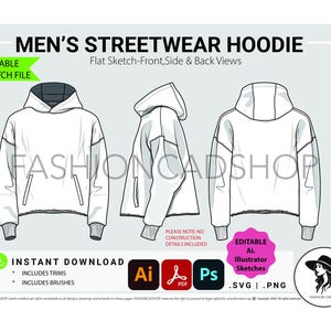 Peut inclure: Un modèle de design de mode numérique présentant un sweat à capuche streetwear avec des vues de face, de côté et de dos. Le dessin au trait blanc comprend une capuche, des manches longues avec poignets et une poche avant. Texte : MEN'S STREETWEAR HOODIE.