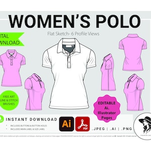 May include: A digital download graphic of a women's polo shirt flat sketch with six profile views. The design includes buttons, button holes, and a main label. The image includes the text "DIGITAL DOWNLOAD" and "INSTANT DOWNLOAD".