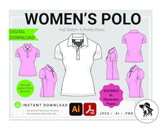 May include: A digital download graphic featuring a women's polo shirt flat sketch with six profile views. The design includes buttons, button holes, and a main label. The image includes the text "DIGITAL DOWNLOAD" and "INSTANT DOWNLOAD".
