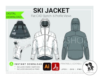 Ski Jacke Fashion Flach Skizze (digitaler Download), Ai, Adobe Illustrator, Mode CAD Vorlage, Technische Jacke Zeichnung, Vektor CAD Vorlage