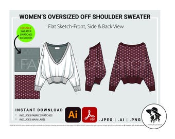 Oversized Sweater Fashion Flat Sketch, Vector Flat Sketch, (Digital Download),Fashion CAD Template, Adobe Illustrator, Ai, Vector CAD sketch