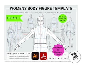 Female Body Figure Fashion CAD Template: Women Croquis (Digital Download), Adobe illustrator, Ai, Vector CAD, Technical Drawing, Flat Sketch