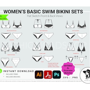 Puede incluir: Una descarga digital de conjuntos de bikini básicos con bocetos planos de vistas frontales y traseras. La colección incluye varios estilos de tops y braguitas, con iconos para formatos Ai, PDF, Ps, SVG y PNG. El texto incluye WOMEN'S BASIC SWIM BIKINI SETS, DIGITAL DOWNLOAD y bocetos de Illustrator editables.
