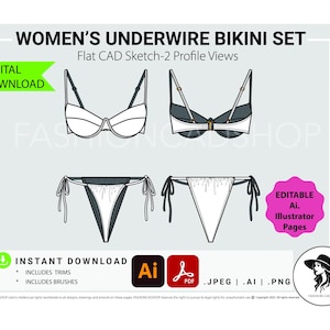 Puede incluir: Descarga digital de un conjunto de bikini con aros para mujer, que se muestra en vistas de perfil de boceto CAD plano. El diseño presenta una combinación de colores blanco y gris oscuro, con correas ajustables y detalles de lazos. Incluye el texto "DIGITAL DOWNLOAD".