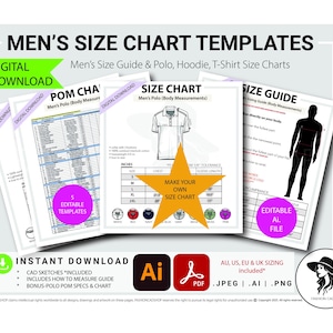 May include: A digital download set of size chart templates for apparel including polo, hoodie, and t-shirt guides. The documents feature tables for body measurements, a polo shirt illustration, and a how-to-measure guide. Includes AI, PDF, JPEG, and PNG file formats.