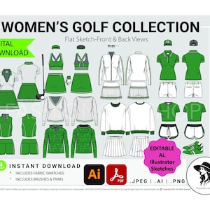 Op de afbeelding: Een digitale download met een Women's Golf Collection. De afbeelding toont platte schetsen van golfkleding, waaronder tops, rokken, shorts en jassen in groen en wit. De tekst bevat "Women's Golf Collection" en "Instant Download."
