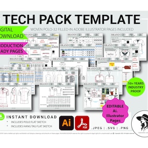 Peut inclure: Un modèle de tech pack numérique avec le texte "TECH PACK TEMPLATE" et "DIGITAL DOWNLOAD". Comprend des pages modifiables Adobe Illustrator pour les polos tissés. Comprend des pages prêtes pour la production et un téléchargement instantané.