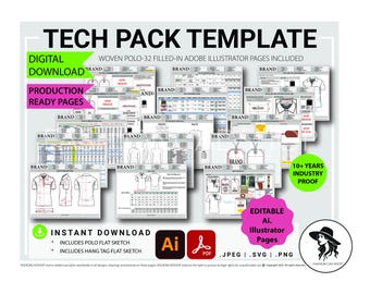 Adobe Illustrator Tech Pack Template, .Ai Fashion DIY Tech Pack, Editable Technical package for Clothing, Production Ready, Digital Download