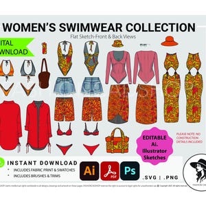 Colección de trajes de baño para mujer, plantilla CAD de moda, boceto plano (descarga digital instantánea), Adobe Illustrator, dibujo técnico, CAD vectorial