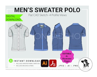 Mens Sweater Polo Fashion Flat Sketch (Digital Download), Ai, Adobe Illustrator, Fashion CAD Templates, Technical Drawings, Polo Vector CADs