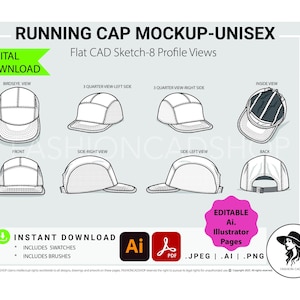 Puede incluir: Una maqueta de descarga digital de una gorra de running unisex, con ocho vistas de perfil. El diseño incluye vistas frontal, lateral y trasera, con el texto "RUNNING CAP MOCKUP-UNISEX" y "DIGITAL DOWNLOAD". Incluye páginas editables de Ai Illustrator.