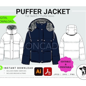 May include: Digital download of a puffer jacket flat sketch with seven profile views. The image features a navy blue jacket, and two white jackets. The text includes "PUFFER JACKET", "DIGITAL DOWNLOAD", and "INSTANT DOWNLOAD".