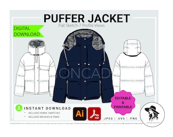 Puffer Jacket Fashion Flat Sketch (Digital Download), Fashion CAD Template, Technical Drawing, Winter Coat Vector CAD, Ai, Adobe Illustrator