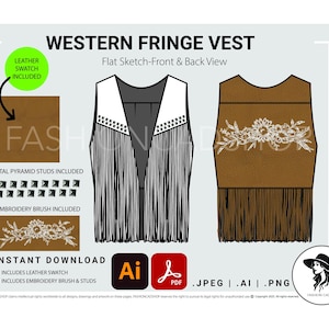 Peut inclure: Un croquis plat d'un gilet à franges Western, vue de face et de dos. Le gilet est marron avec des broderies florales blanches et des clous pyramidaux en métal. La conception comprend un échantillon de cuir, une brosse à broder et des clous. Le texte "WESTERN FRINGE VEST" est affiché.