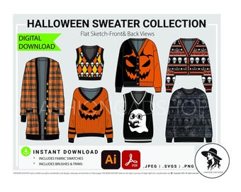 Women's Halloween Sweaters Fashion Flat Sketches, Fashion CAD Template, Technical Drawings, Vector CADs, Digital Download, Adobe Illustrator