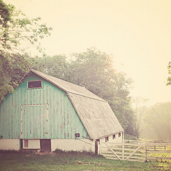 Aqua Barn Photography, Light Turquoise Barn, Vintage Inspired and Dreamy, Home Decor, Fine Art Photograph, "MORNING HAZE"