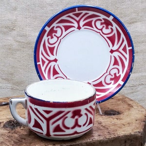 Antique rare Italian hearthenware cup and saucer, red airbrushed & stenciled decor, signed Vedova Besio, Mondovì, ceramic cup early 1900