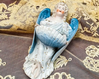 Antique French holy water font in bisque, bisque angel figurine with holy water font, religious holy water font, french wall holy water font