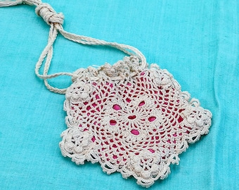 ANTIQUE irish lace Crocheted drawsting PURSE with ROSES, Irish crochet drawsting purse with Pink lining, antique drawsting bag - purses