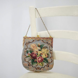 Antique micro petit point purse - evening bag, light blue color & flowers, enameled gilt metal frame, Edwardian era petit point purse