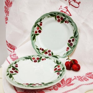 Antique French ceramic plates, dessert plates with airbrushed & stenciled cherries decor, Choisy Le Roi French plates, set of 2 plates
