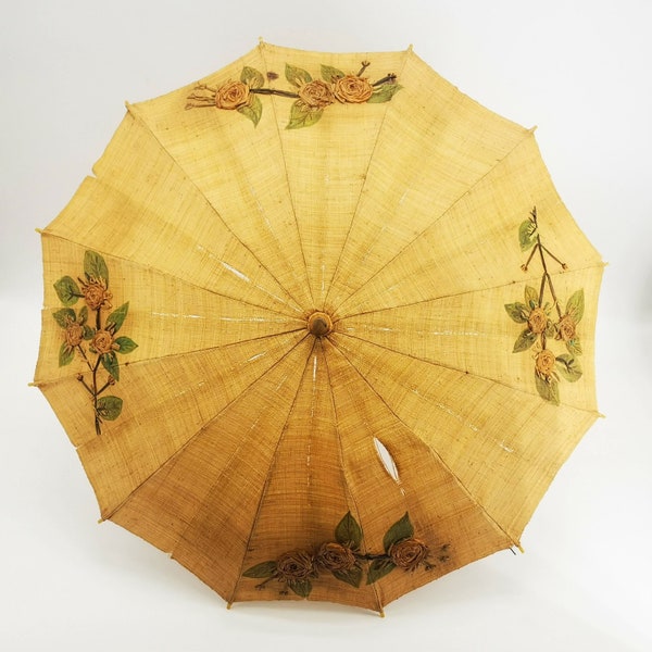 Antique Italian parasol umbrella, made in woven straw with hand painted & embroidered roses in rafia, carved wood handle parasol