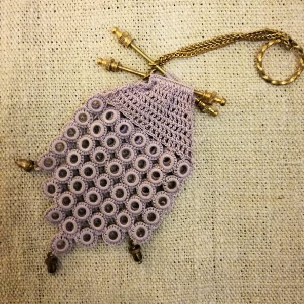 Antique French crocheted finger purse for coins Napoleon III period lavender color finger crocheted wallet reticule aumoniere