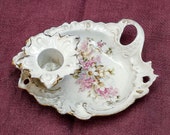 Antique French porcelain candle holder, antique porcelain candle holder, relief decoration candle holder transfer pink flowers