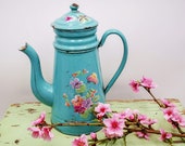 Antique enamel French Coffee pot, light blue and airbrushed violets bouquet butterfly, Enameled coffee biggin, Antique enameled coffee pot