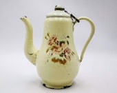 Antique enamel Coffee pot, pale yellow, hand painted with dog roses, small size, pear shape, Enamel coffee biggin, Antique enamel coffee pot