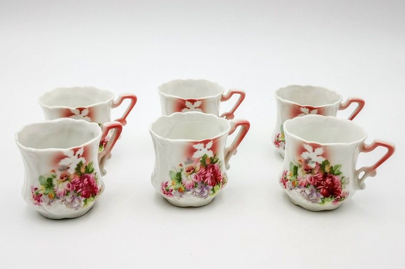 Antique porcelain coffee set, Art Nouveau era German porcelain coffee set, pink shades and transfer flowers, romantic coffe set early 1900 image 8