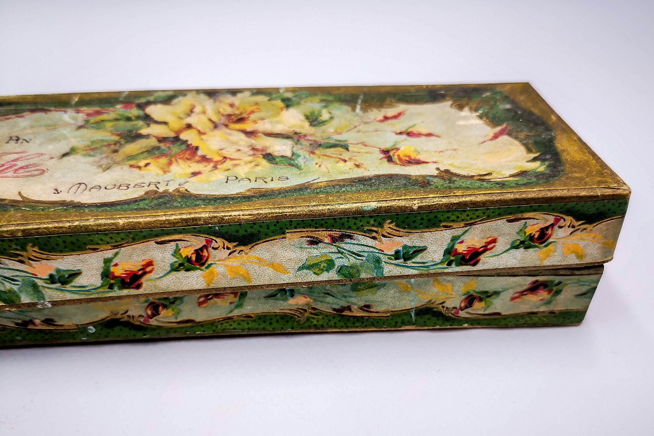 Antique French Cardboard Box for Soaps, Savon Fin Rose Thé
