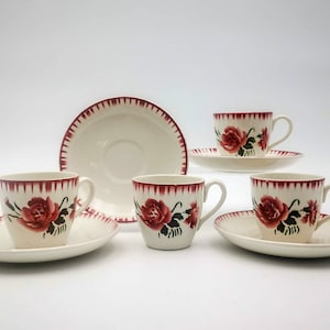 Antique French ceramic coffee cups and saucers Sarreguemines model Yvette roses & carnations decor, set of 4 vintage coffee cups and saucers