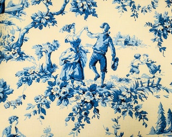 Antique FRENCH WALLPAPER light beige background, toile de jouy style scenes in tones of blue, antique french toile de jouy wallpaper