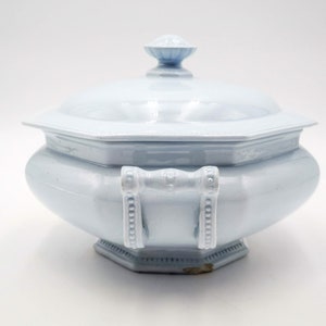 Antique French ironstone soup tureen, pale blue color octagonal soup tureen, raised pearled decor to edges, Creil Montereau octagonal tureen image 4