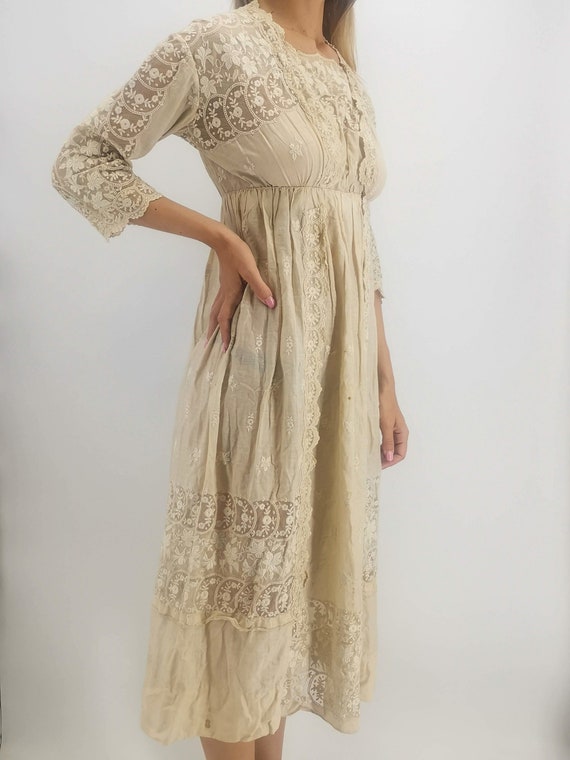 Antique French beige dress, late Edwardian era af… - image 3