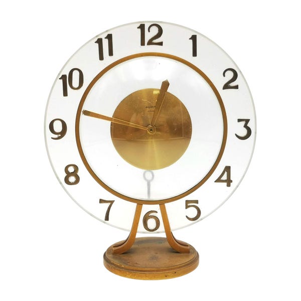 Orologio da tavolo vintage francese Bayard 8 Days in ottone e plexiglass stile modernista anni '40 design post Art Deco originale raro