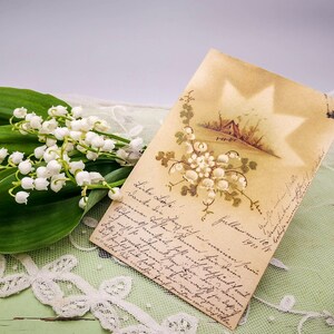 Antique Austrian postcard with lilies of the valley and landscape, beige shades, Victorian era postcard, written, dating year 1900