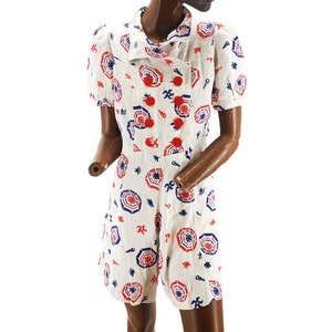 Vintage 1940s Linen Playsuit, Red Blue Nautical Print, Size M