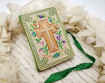 Antique Cross Stitch Needle Case Booklet, Embroidered Crucifix