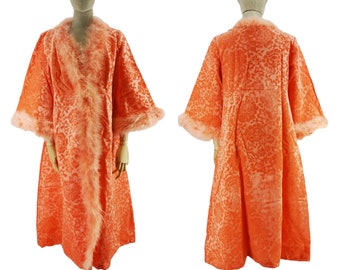 Vintage Italian robe in devoré velvet with ostrich feathers edging, salmon pink, dating to 1960's