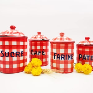 Antique enameled kitchen canisters set of 4 pots, red & white gingham checks, antique french enamel spice pots DUCO, vintage kitchenalia