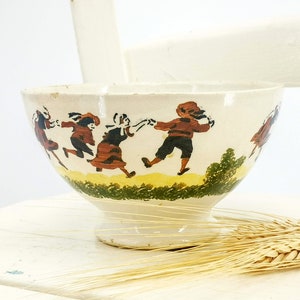 Antique French cafè au lait bowl earthenware stencil and sponge decoration with children, Choisy Le Roi, antique French cafè au lait bowls