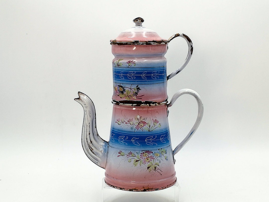 Enamel French SMALL Size COFFEE BIGGIN Pink & Light Blue Shades, Hand ...