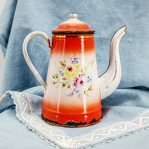 Enamel French COFFEE POT Shaded in Red Hand painted ROSES, enamel coffee pot with no filter, antique enamel coffee pot