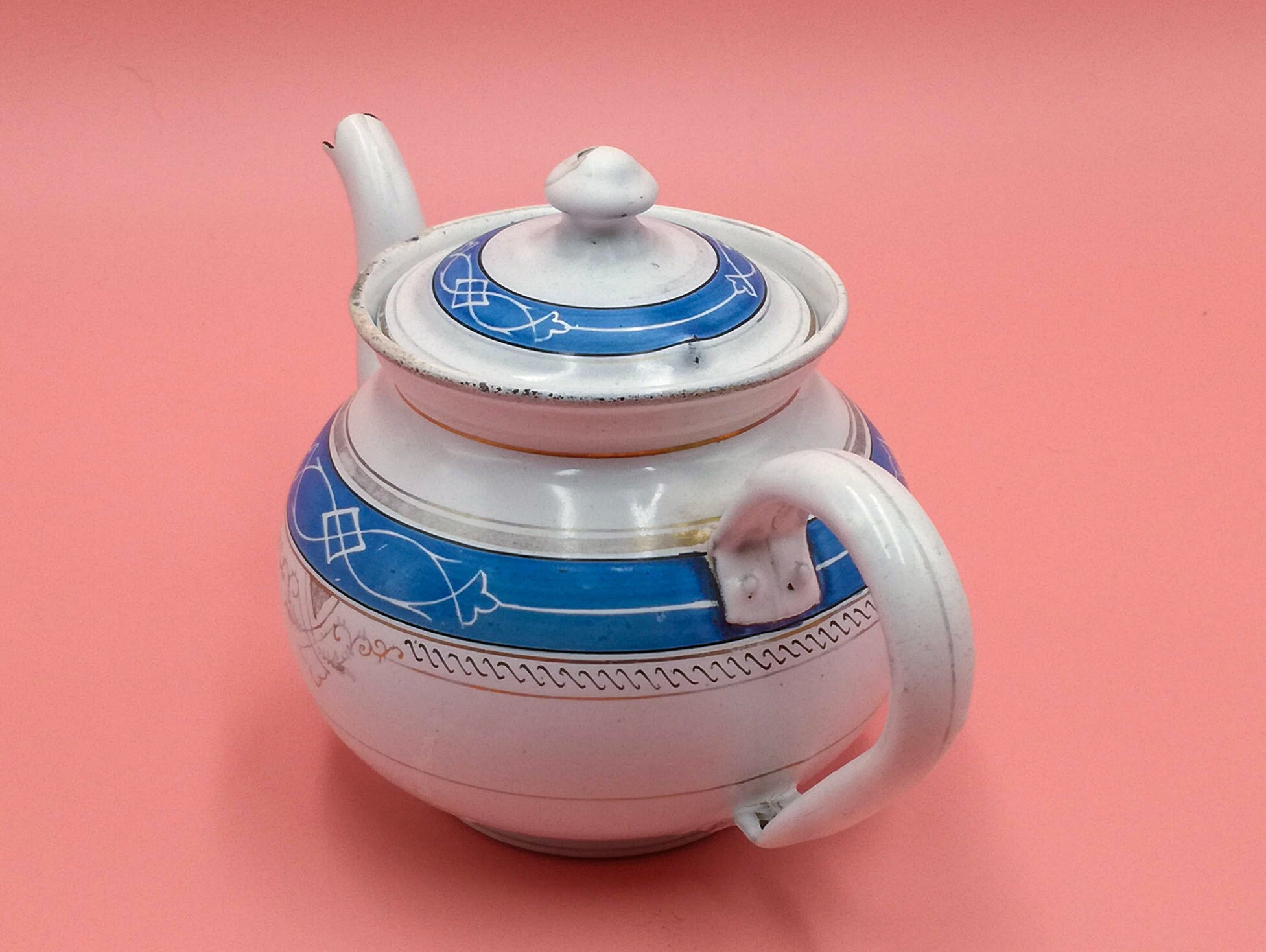 ティーポット antique france teapot Bretagne Antique French Enamelware Teapot, Blue Stripes, Gilded Decor