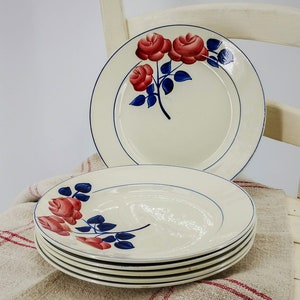Vintage French earthenware dinner plates, Creil Montereau HBCM, hand painted rose in red & blue, set of 6 vintage dinner plates with roses