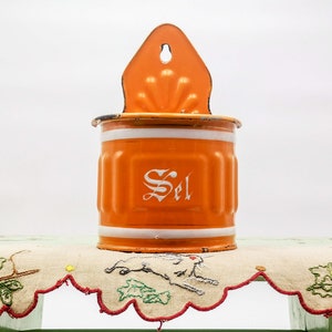Antique French enamel SALT BOX, orange enamel salt box, white stripes, antique salt box, french kitchenalia, vintage salt box