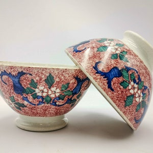 Antique French cafè au lait bowl stenciled flowers in red blue & green, Choisy Le Roi, vintage french ceramic bowl, tea stained antique bowl